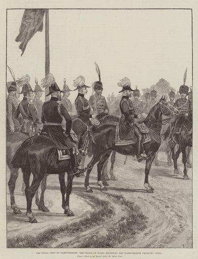 La visita real a Warwickshire, el Príncipe de Gales revisando el Cuerpo de Yeomanry de Warwickshire de Melton Prior